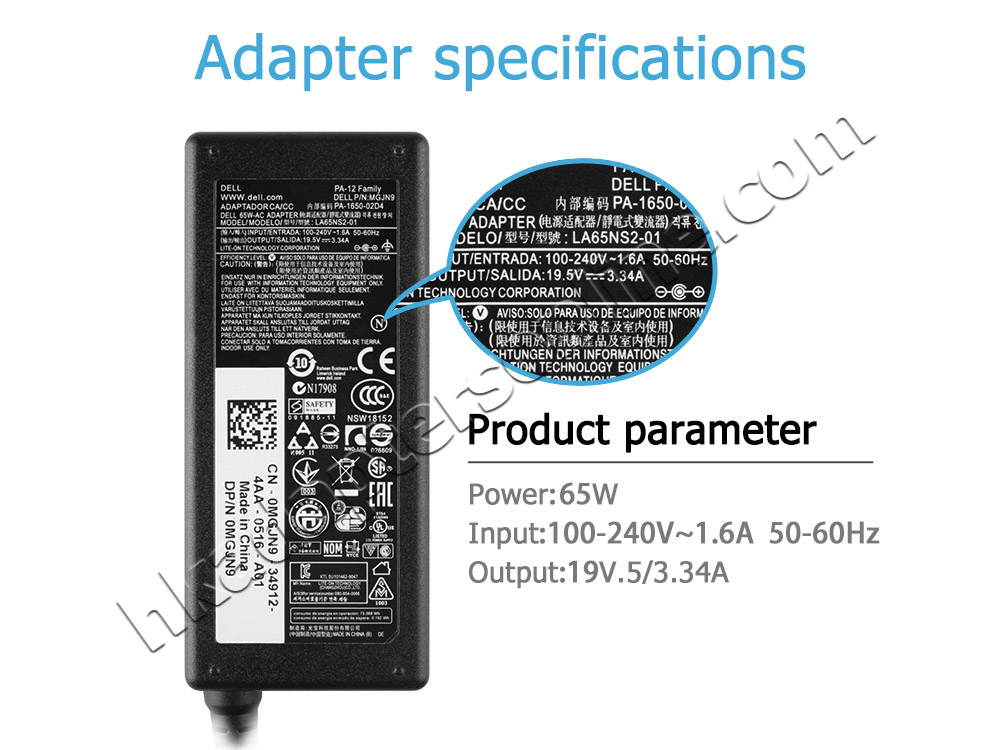 原廠 65W Dell 0G4G24 WVCG8 Charger 充電器 電源 + 電源線