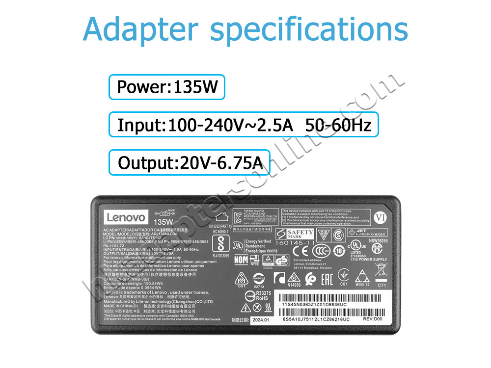 原裝 135W Lenovo Think Pad Thunderbolt 3 Dock 40AC0135UK Charger 充電器 電源 + 電源線