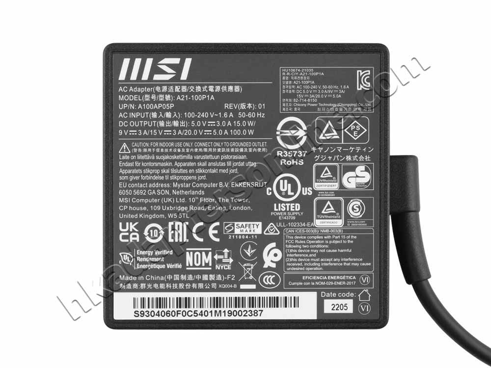 原廠 100W USB-C MSI Summit E16 A12UC MS-1592 Charger 充電器 電源 + 電源線